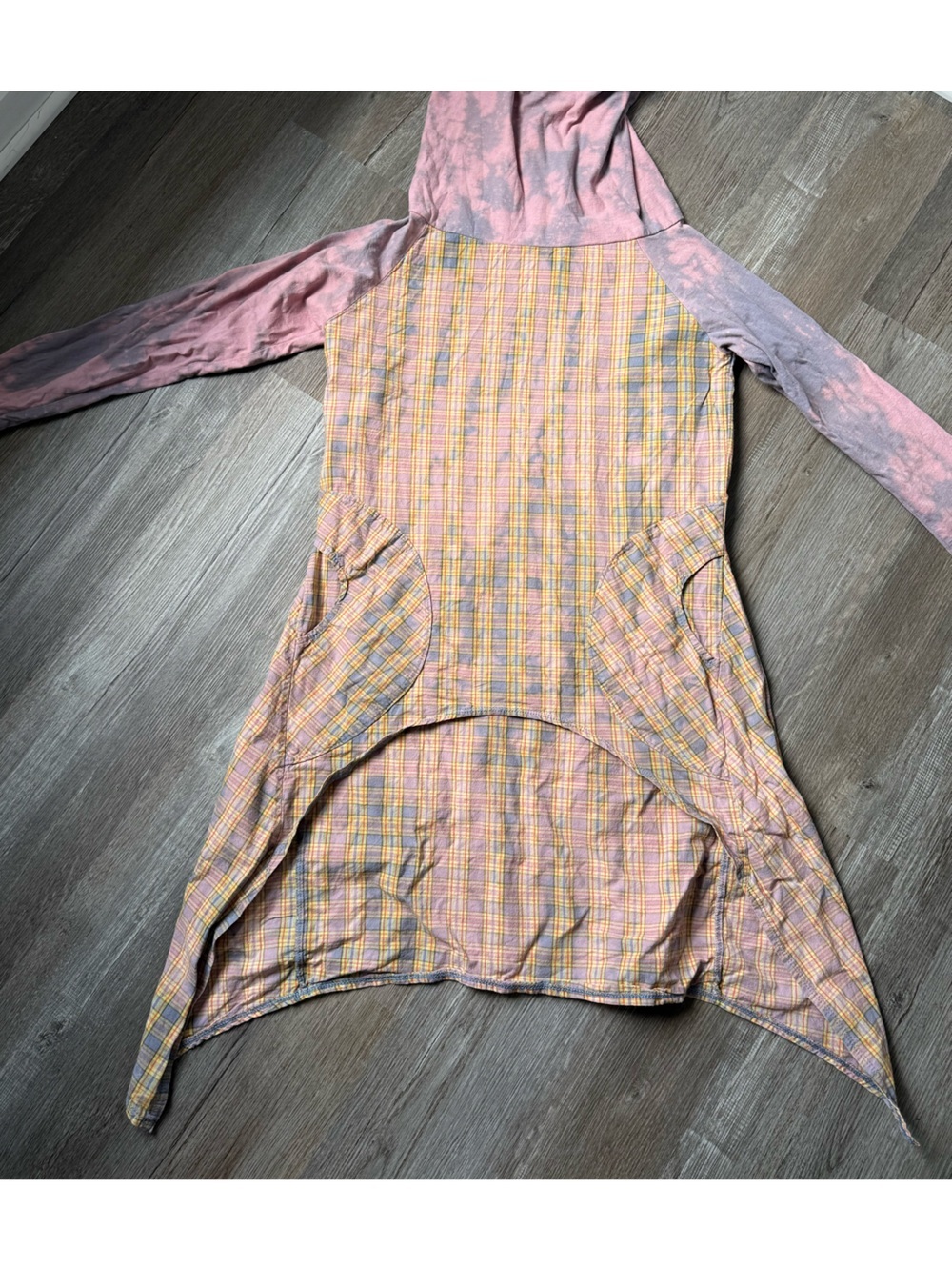 Crescent Moon Plaid Pastel Midi Flannel Mock Neck Long Tie-Dye Yellow Pink S